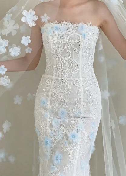 Graceful Strapless White Prom Dress Appliques Sequins Mermaid Evening Dress GG6368