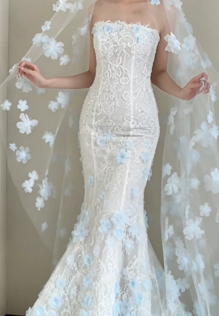 Graceful Strapless White Prom Dress Appliques Sequins Mermaid Evening Dress GG6368