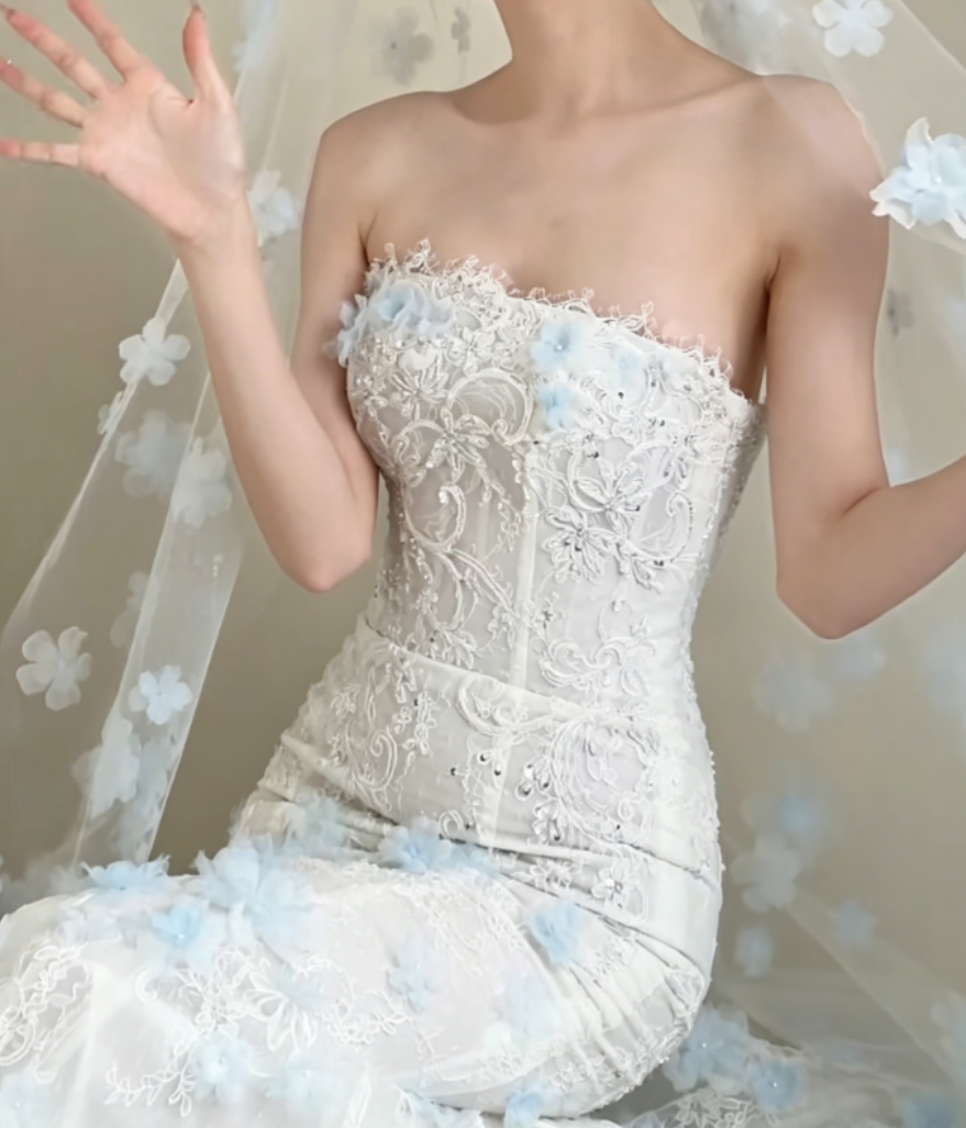 Graceful Strapless White Prom Dress Appliques Sequins Mermaid Evening Dress GG6368
