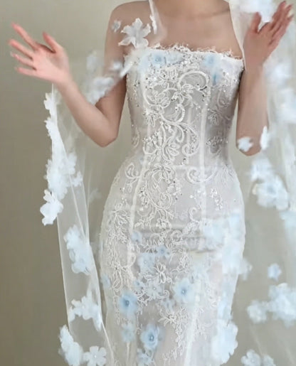 Graceful Strapless White Prom Dress Appliques Sequins Mermaid Evening Dress GG6368