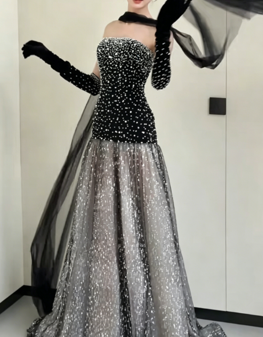 Charming Strapless Black Prom Dress Pearls Sequins A-Line Evening Dress GG6369