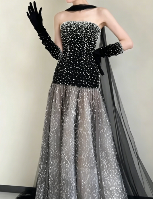 Charming Strapless Black Prom Dress Pearls Sequins A-Line Evening Dress GG6369