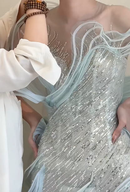 Luxury Illusion Neck Blue Prom Dress Sequins Ruffles Mermaid Evening Dress GG6370