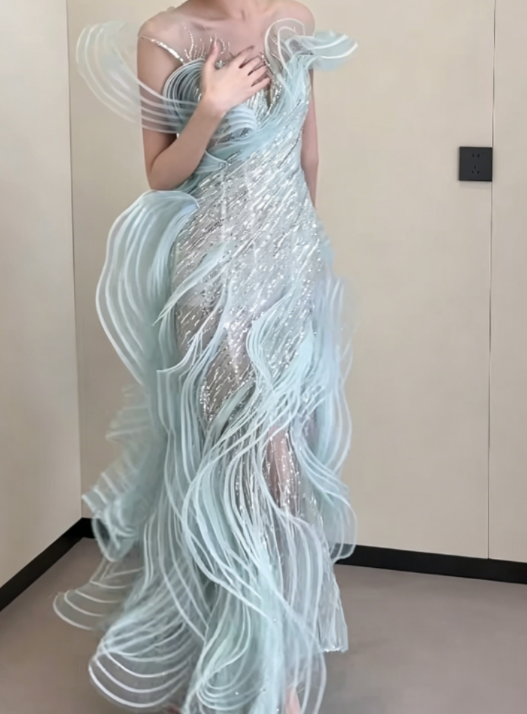 Luxury Illusion Neck Blue Prom Dress Sequins Ruffles Mermaid Evening Dress GG6370