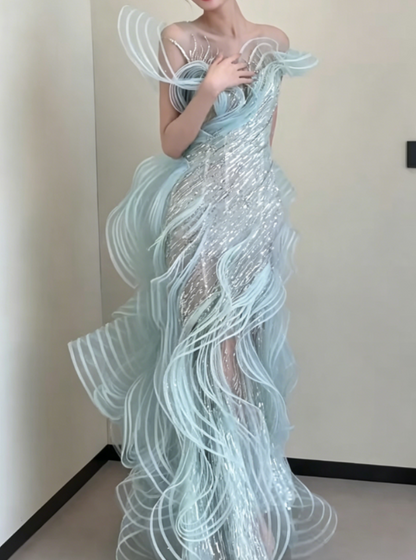 Luxury Illusion Neck Blue Prom Dress Sequins Ruffles Mermaid Evening Dress GG6370