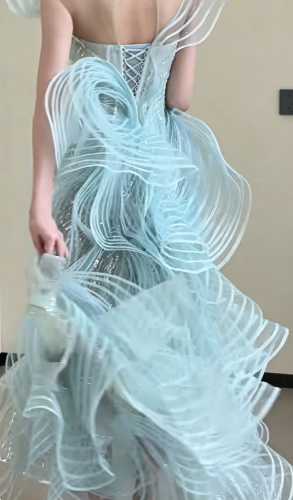 Luxury Illusion Neck Blue Prom Dress Sequins Ruffles Mermaid Evening Dress GG6370