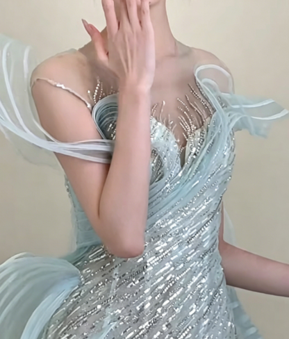 Luxury Illusion Neck Blue Prom Dress Sequins Ruffles Mermaid Evening Dress GG6370