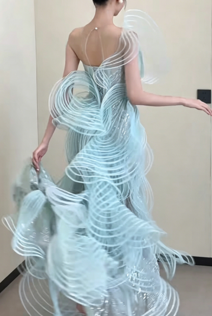 Luxury Illusion Neck Blue Prom Dress Sequins Ruffles Mermaid Evening Dress GG6370