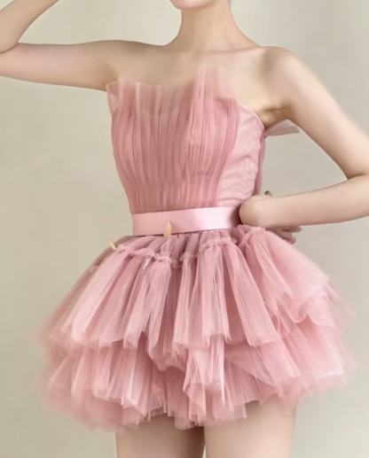 Romantic Strapless Pink Homecoming Dress Tiered Tulle Birthday Dress GG6371
