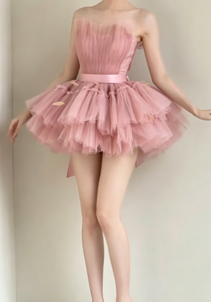 Romantic Strapless Pink Homecoming Dress Tiered Tulle Birthday Dress GG6371