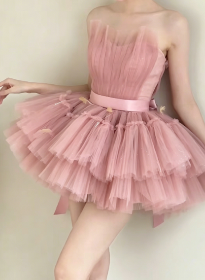 Romantic Strapless Pink Homecoming Dress Tiered Tulle Birthday Dress GG6371