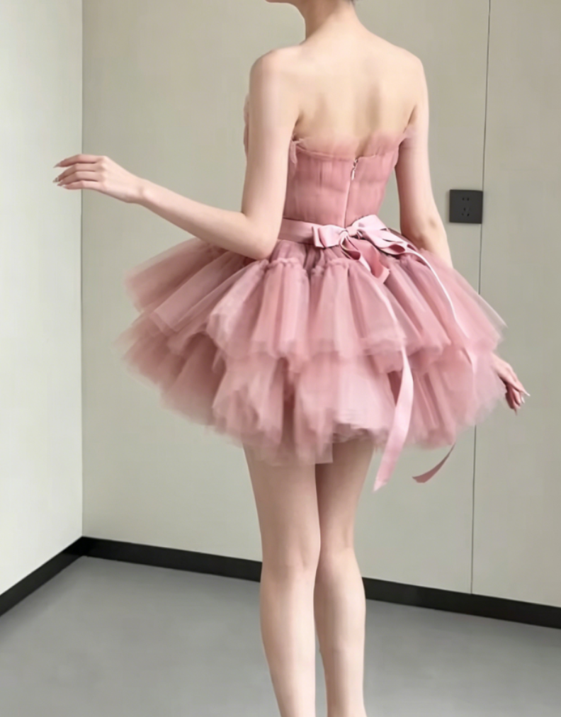 Romantic Strapless Pink Homecoming Dress Tiered Tulle Birthday Dress GG6371