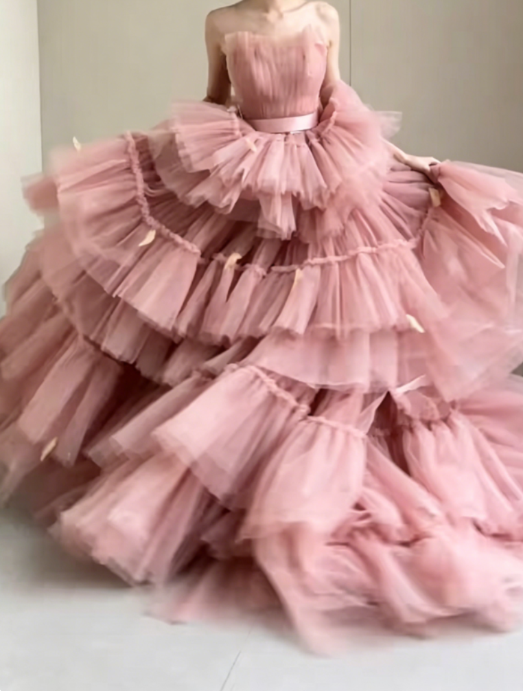 Adorable Strapless Pink Prom Dress Tiered Tulle A-Line Evening Dress GG6372