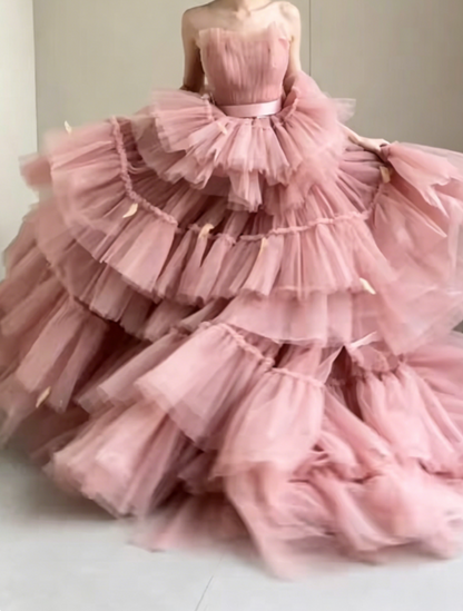 Adorable Strapless Pink Prom Dress Tiered Tulle A-Line Evening Dress GG6372