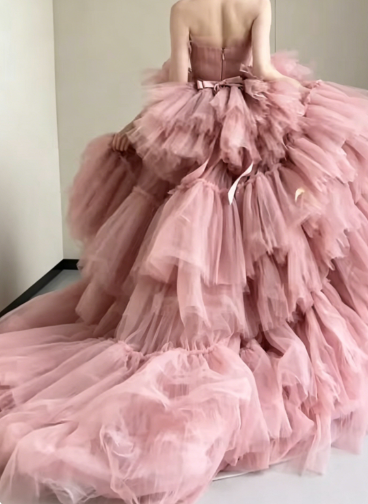 Adorable Strapless Pink Prom Dress Tiered Tulle A-Line Evening Dress GG6372