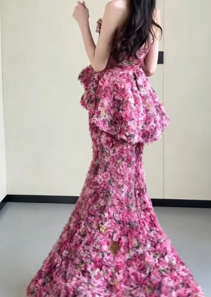 Charming Strapless Pink Prom Dress Floral Ruffles Mermaid Evening Dress GG6374
