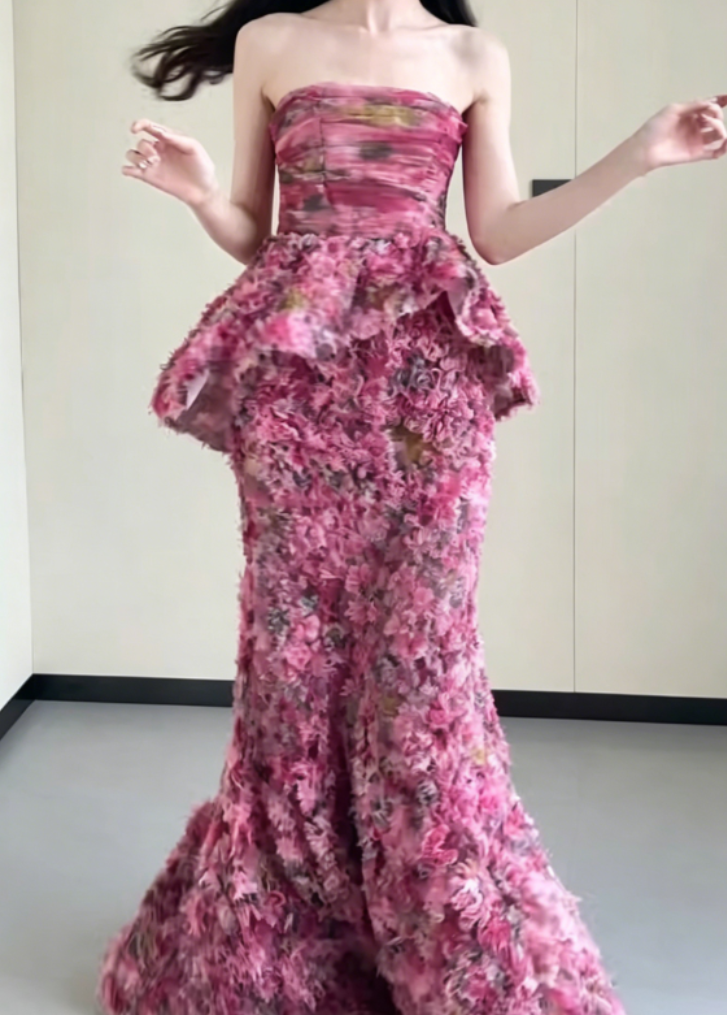Charming Strapless Pink Prom Dress Floral Ruffles Mermaid Evening Dress GG6374
