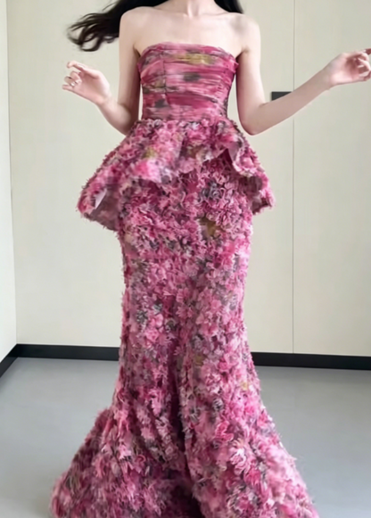 Charming Strapless Pink Prom Dress Floral Ruffles Mermaid Evening Dress GG6374