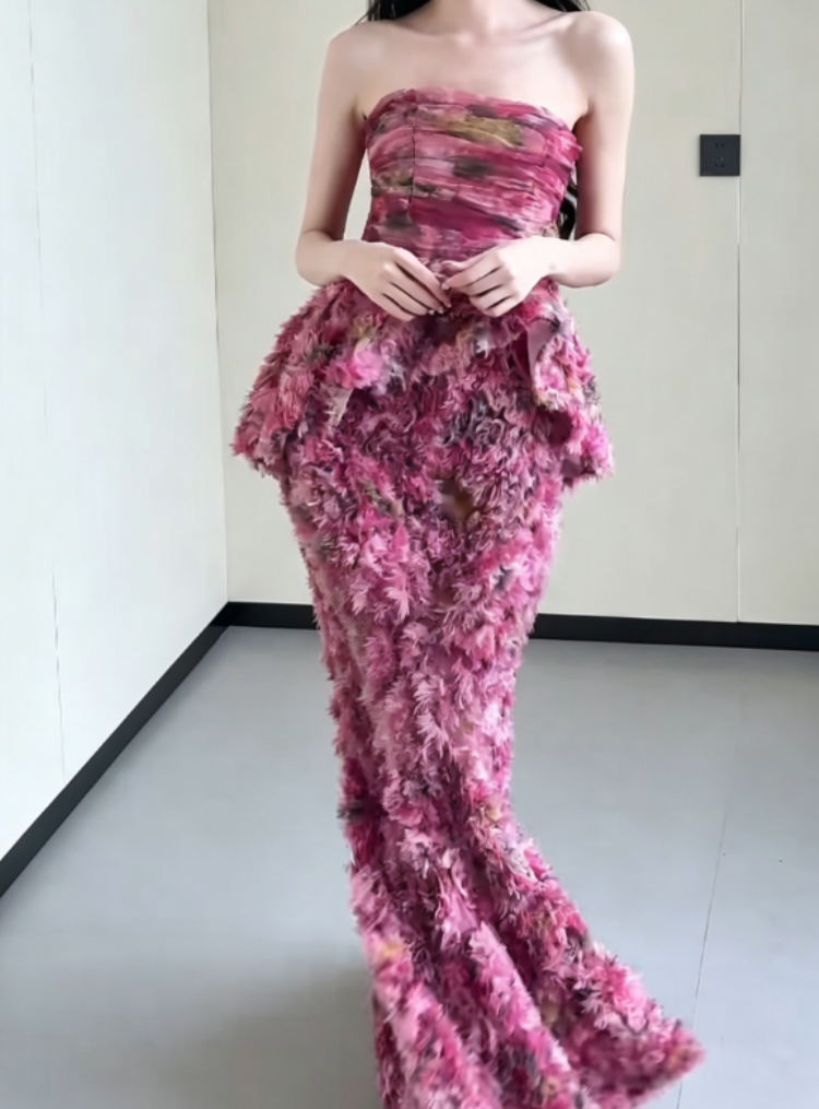 Charming Strapless Pink Prom Dress Floral Ruffles Mermaid Evening Dress GG6374
