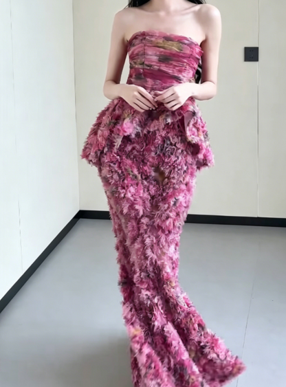 Charming Strapless Pink Prom Dress Floral Ruffles Mermaid Evening Dress GG6374