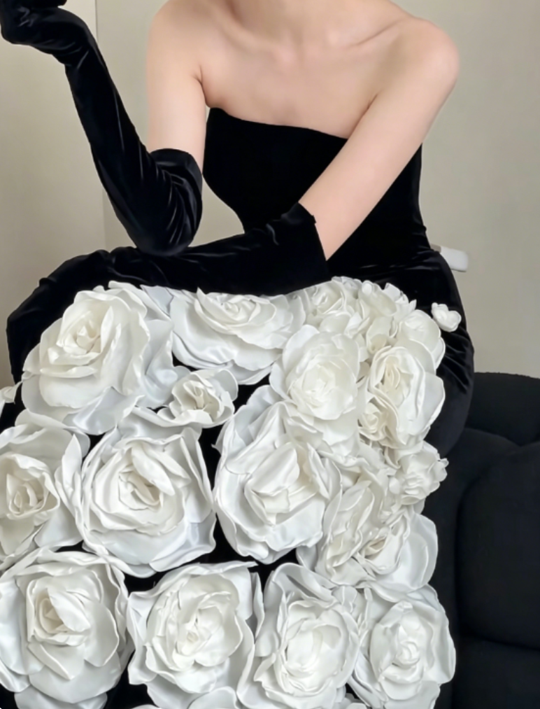 Vintage Strapless Black Prom Dress Appliques Mermaid Evening Dress GG6375