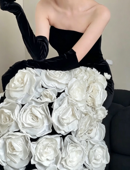 Vintage Strapless Black Prom Dress Appliques Mermaid Evening Dress GG6375