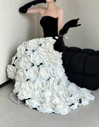 Vintage Strapless Black Prom Dress Appliques Mermaid Evening Dress GG6375