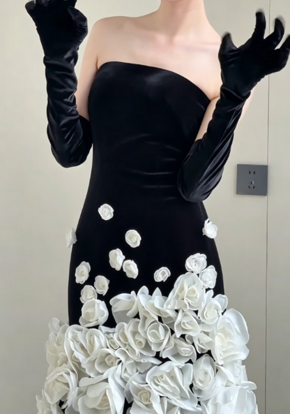 Vintage Strapless Black Prom Dress Appliques Mermaid Evening Dress GG6375