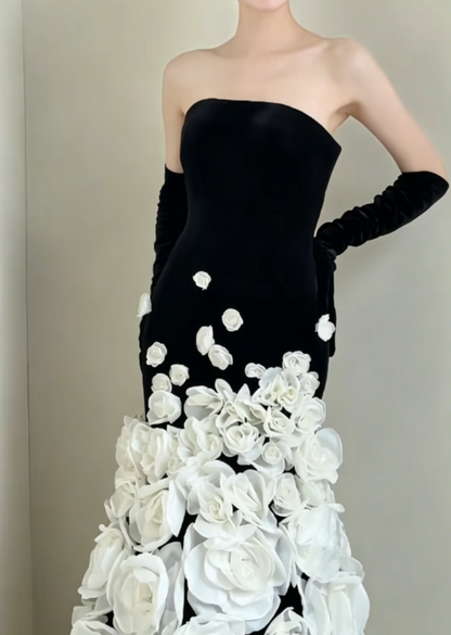 Vintage Strapless Black Prom Dress Appliques Mermaid Evening Dress GG6375