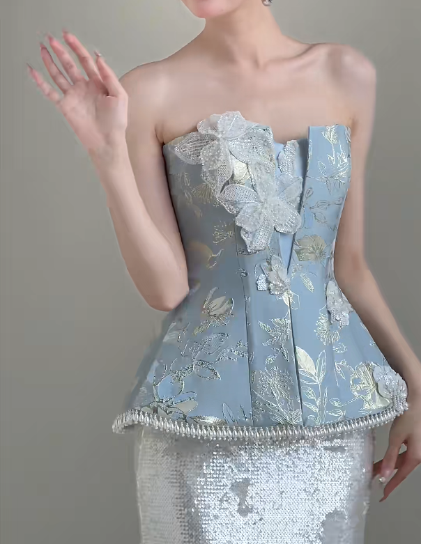 Vintage Strapless Jacquard Blue Prom Dress Sequins Appliques Tassel Mermaid Evening Dress GG6376