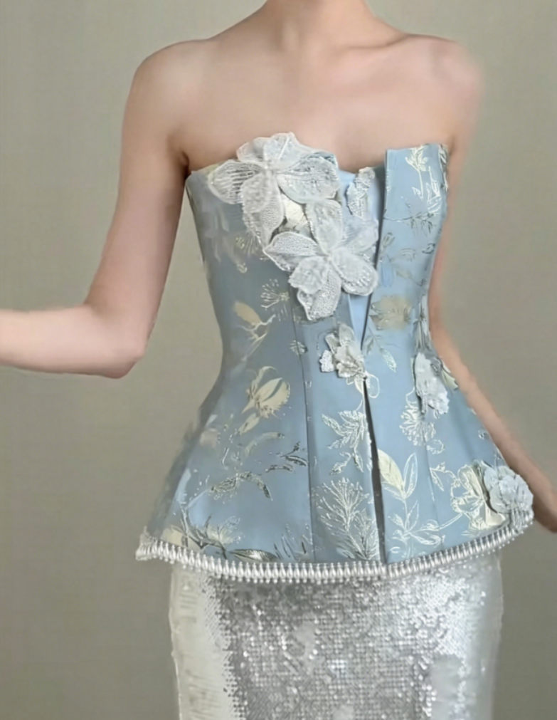 Vintage Strapless Jacquard Blue Prom Dress Sequins Appliques Tassel Mermaid Evening Dress GG6376