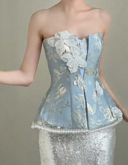 Vintage Strapless Jacquard Blue Prom Dress Sequins Appliques Tassel Mermaid Evening Dress GG6376