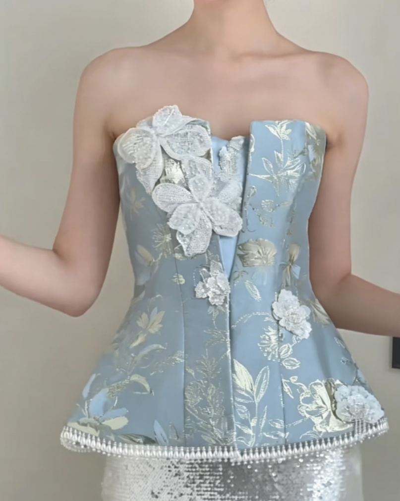 Vintage Strapless Jacquard Blue Prom Dress Sequins Appliques Tassel Mermaid Evening Dress GG6376