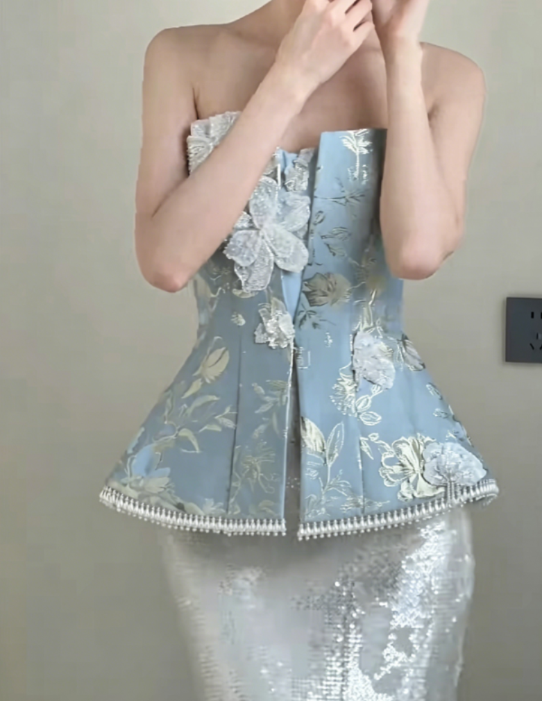 Vintage Strapless Jacquard Blue Prom Dress Sequins Appliques Tassel Mermaid Evening Dress GG6376