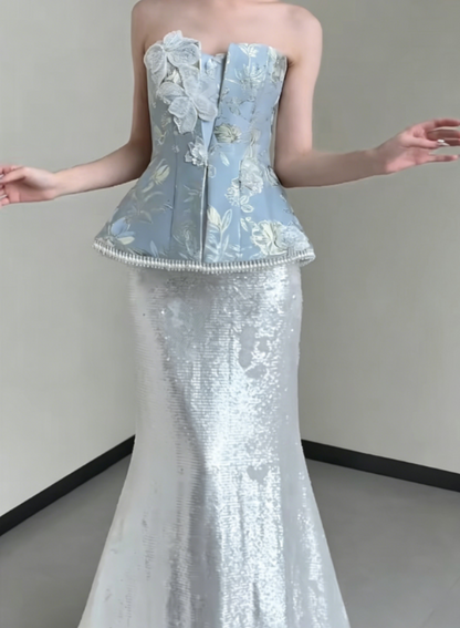 Vintage Strapless Jacquard Blue Prom Dress Sequins Appliques Tassel Mermaid Evening Dress GG6376