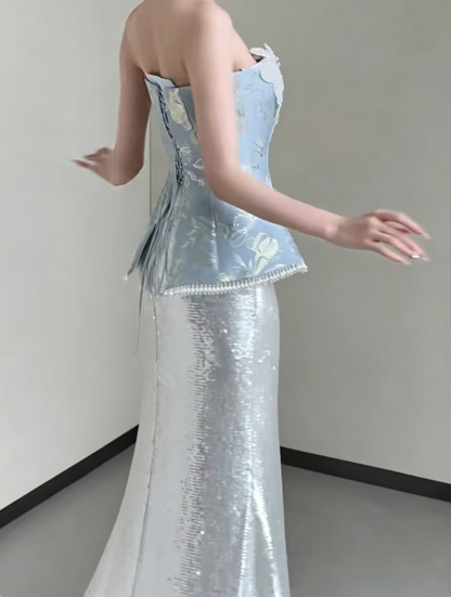 Vintage Strapless Jacquard Blue Prom Dress Sequins Appliques Tassel Mermaid Evening Dress GG6376