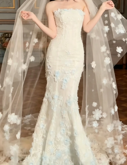 Graceful Strapless White Prom Dress Lace Appliques Mermaid Evening Dress GG6379