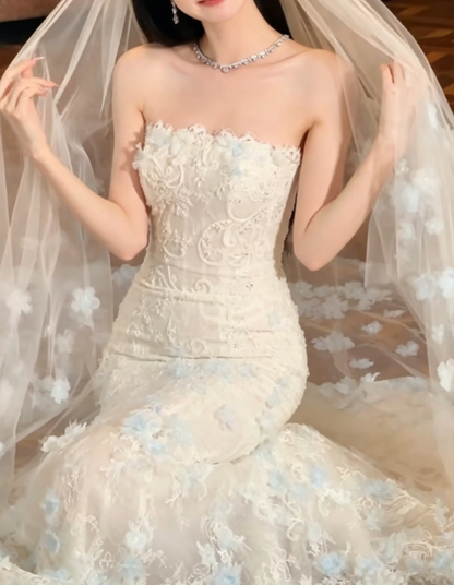 Graceful Strapless White Prom Dress Lace Appliques Mermaid Evening Dress GG6379