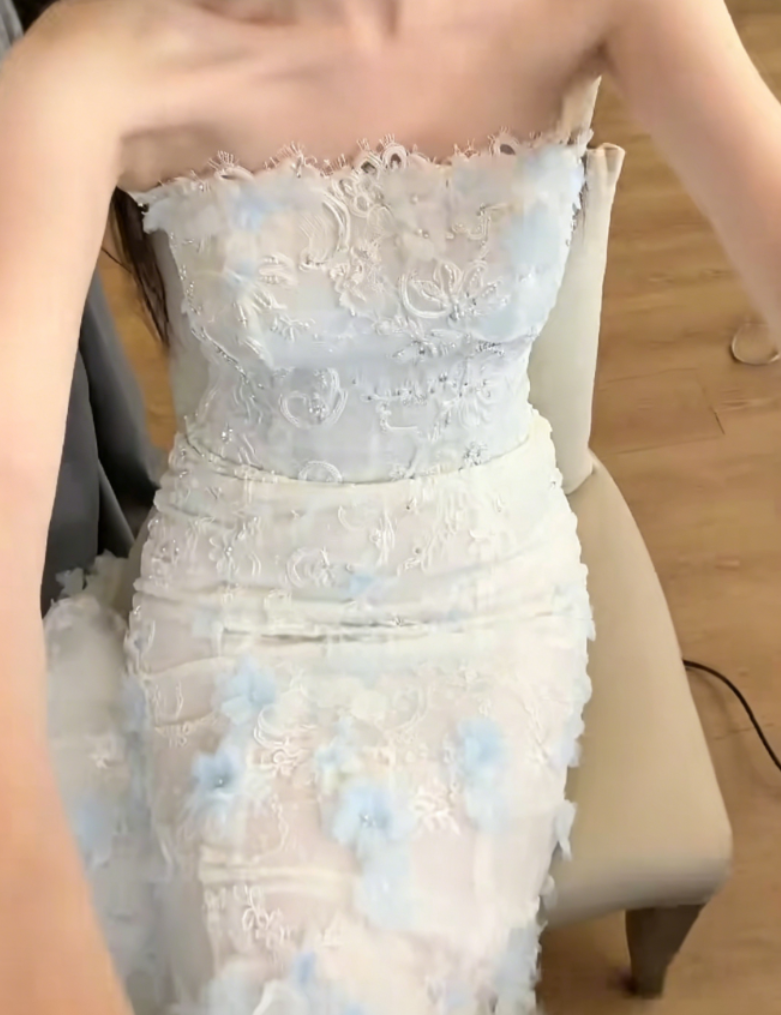 Graceful Strapless White Prom Dress Lace Appliques Mermaid Evening Dress GG6379