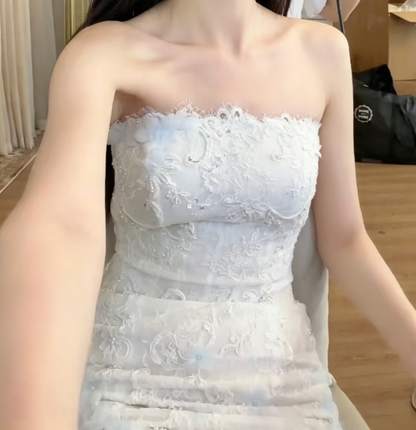Graceful Strapless White Prom Dress Lace Appliques Mermaid Evening Dress GG6379