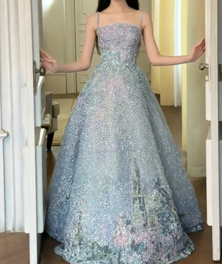 Luxury Spaghetti Straps Blue Prom Dress Sequins Appliques A-Line Evening Dress GG6384