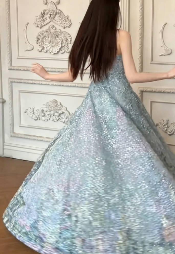 Luxury Spaghetti Straps Blue Prom Dress Sequins Appliques A-Line Evening Dress GG6384