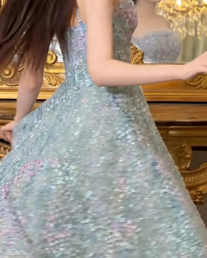 Luxury Spaghetti Straps Blue Prom Dress Sequins Appliques A-Line Evening Dress GG6384