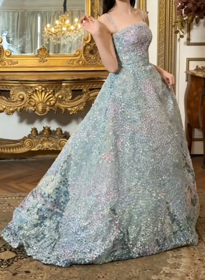 Luxury Spaghetti Straps Blue Prom Dress Sequins Appliques A-Line Evening Dress GG6384