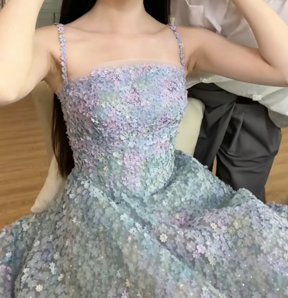 Luxury Spaghetti Straps Blue Prom Dress Sequins Appliques A-Line Evening Dress GG6384