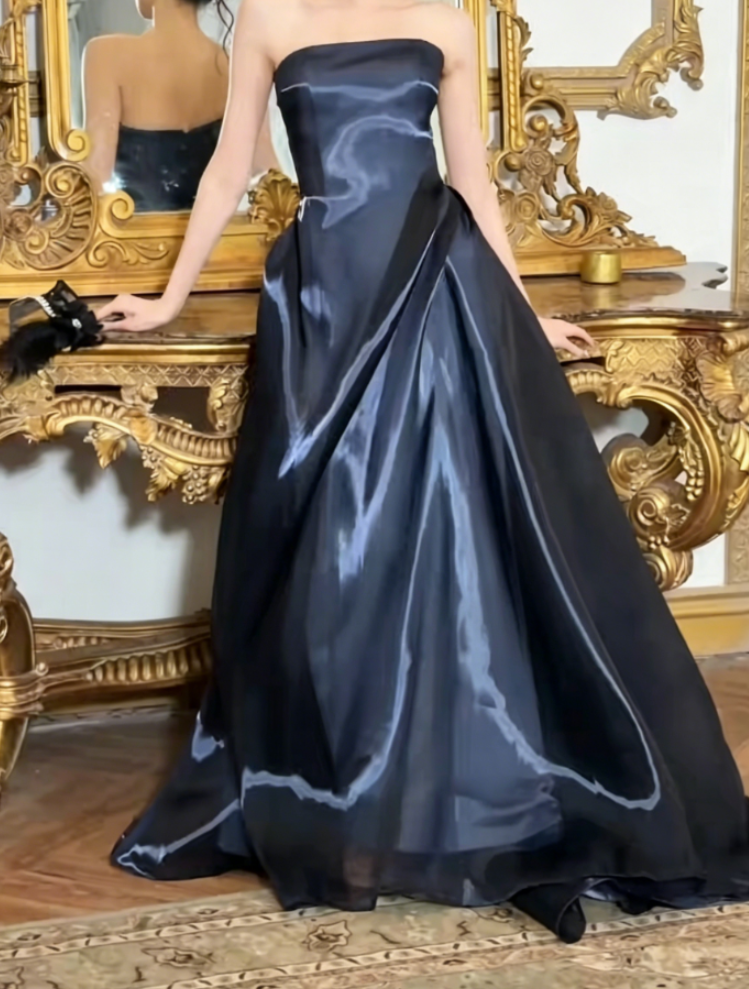 Classical Strapless Blue Prom Dress Satin A-Line Evening Dress GG6385