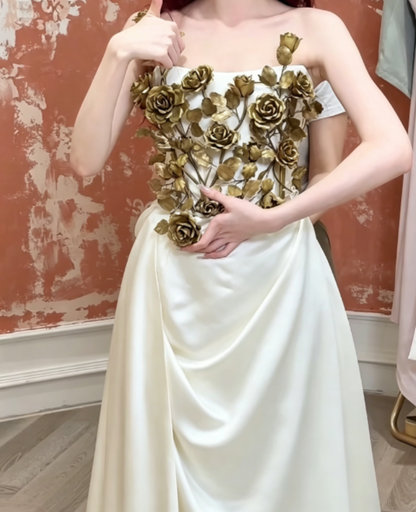 Unique Strapless White Satin Prom Dress 3D Floral A-Line Evening Dress GG6398