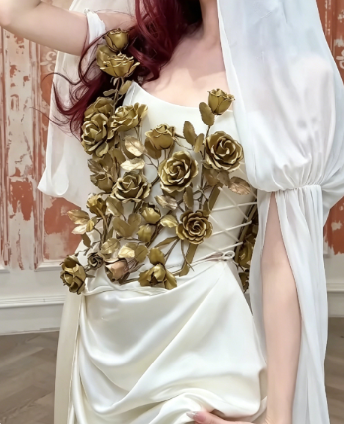 Unique Strapless White Satin Prom Dress 3D Floral A-Line Evening Dress GG6398
