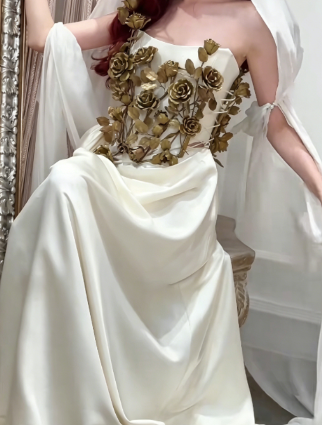 Unique Strapless White Satin Prom Dress 3D Floral A-Line Evening Dress GG6398