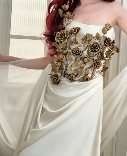 Unique Strapless White Satin Prom Dress 3D Floral A-Line Evening Dress GG6398